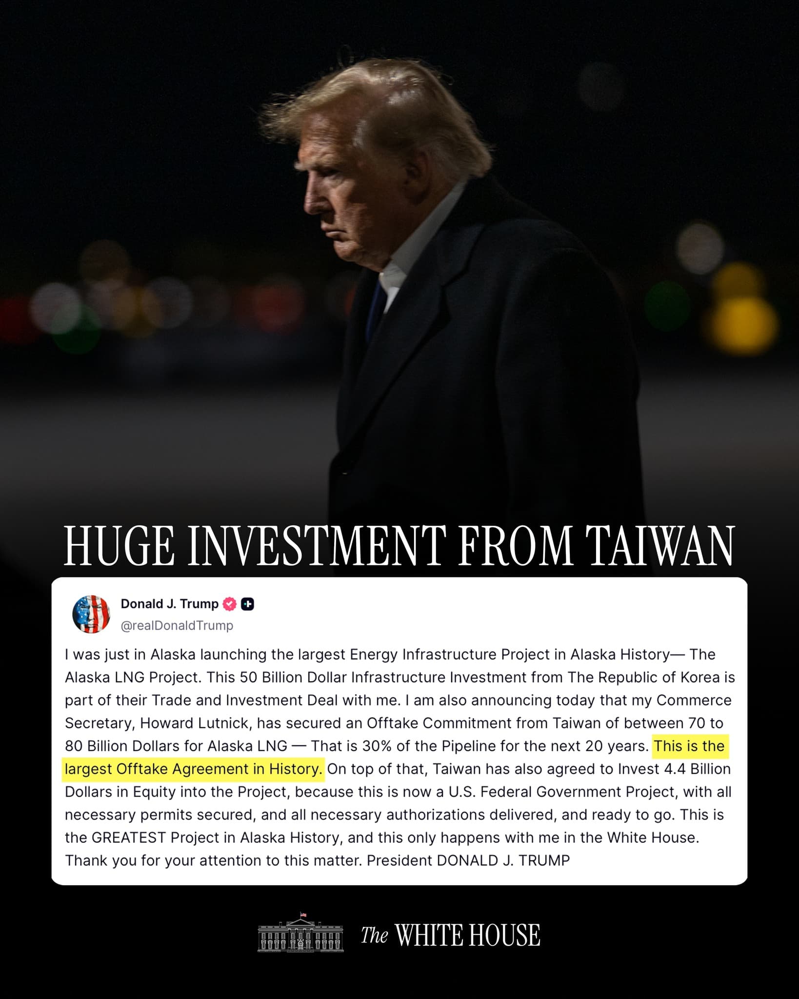 白宮在Instagram上以「來自台灣巨大的投資」製圖，稱川普總統宣布，台灣方面已就阿拉斯加液化天然氣項目作出700億至800億美元的採購承諾。圖片來源：White House/Instagram